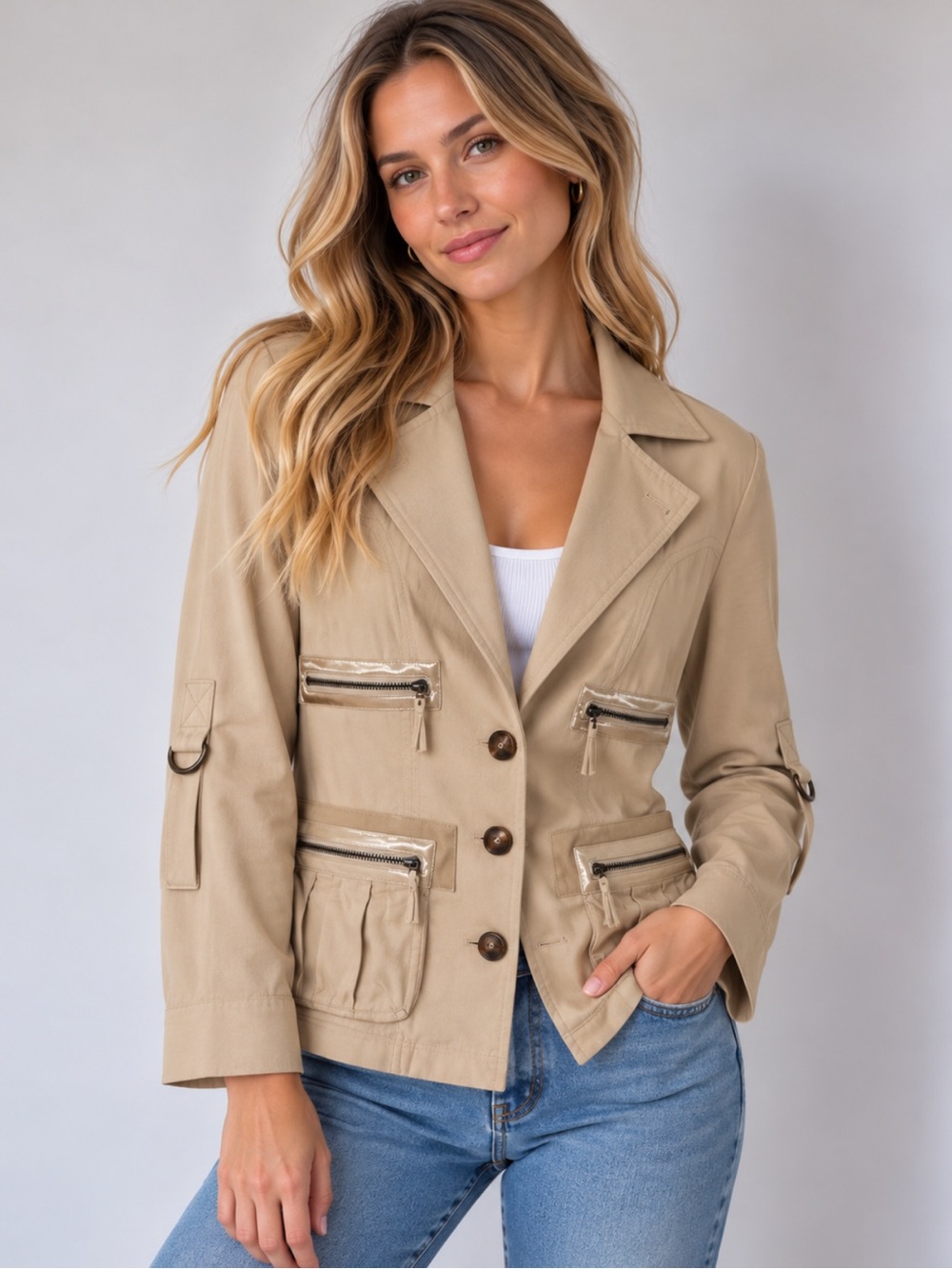 Bebe Y2K Silk Blend Utility Jacket Beige Cargo Safari Moto 2000s Size M